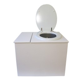 Toilette sèche en bois blanc avec bac intégré, abattant blanc seau inox et bavette inox. Hauteur PMR 50 cm.