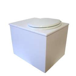 Toilette sèche en bois blanc avec bac intégré, abattant blanc seau inox et bavette inox. Hauteur PMR 50 cm.