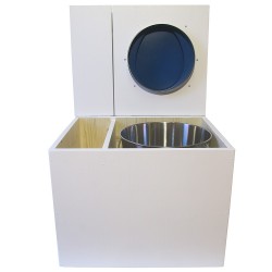 Toilette sèche en bois blanc avec bac intégré, abattant bleu, seau inox et bavette inox. Hauteur PMR 50 cm.