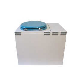 Toilette sèche en bois blanc avec bac intégré, abattant bleu turquoise, seau inox et bavette inox. Hauteur PMR 50 cm.