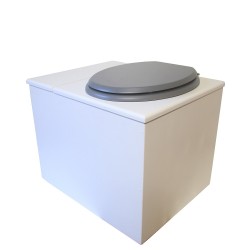 Toilette sèche en bois blanc avec bac intégré, abattant gris, seau inox et bavette inox. Hauteur PMR 50 cm.