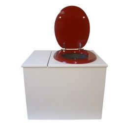 Toilette sèche en bois blanc avec bac intégré, abattant rouge, seau inox et bavette inox. Hauteur PMR 50 cm