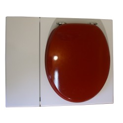 Toilette sèche en bois blanc avec bac intégré, abattant rouge, seau inox et bavette inox. Hauteur PMR 50 cm