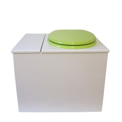 Toilette sèche en bois blanc avec bac intégré, abattant vert, seau inox et bavette inox. Hauteur PMR 50 cm