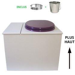 Toilette sèche en bois blanc avec bac intégré, abattant violet, seau inox et bavette inox. Hauteur PMR 50 cm