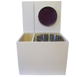 Toilette sèche en bois blanc avec bac intégré, abattant violet, seau inox et bavette inox. Hauteur PMR 50 cm