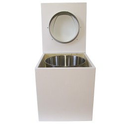 toilette sèche rehaussée en bois blanc complète avec seau inox 22 litres et bavette inox Ø30 cm - abattant blanc