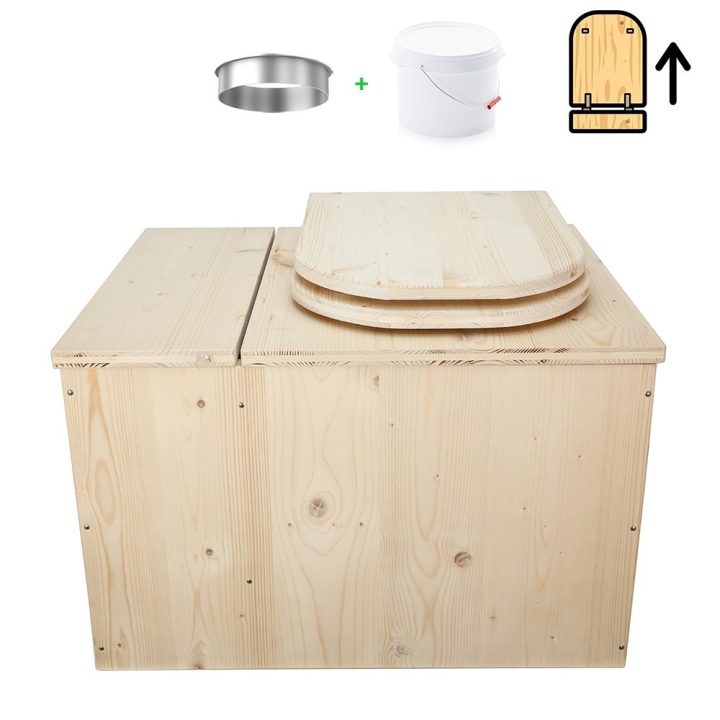 Toilette sèche avec bac à copeaux de bois intégré en bois brut avec bavette inox et seau plastique 22L