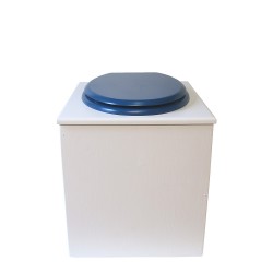 toilette sèche rehaussée en bois blanc complète avec seau inox 22 litres et bavette inox Ø30 cm - abattant bleu nuit