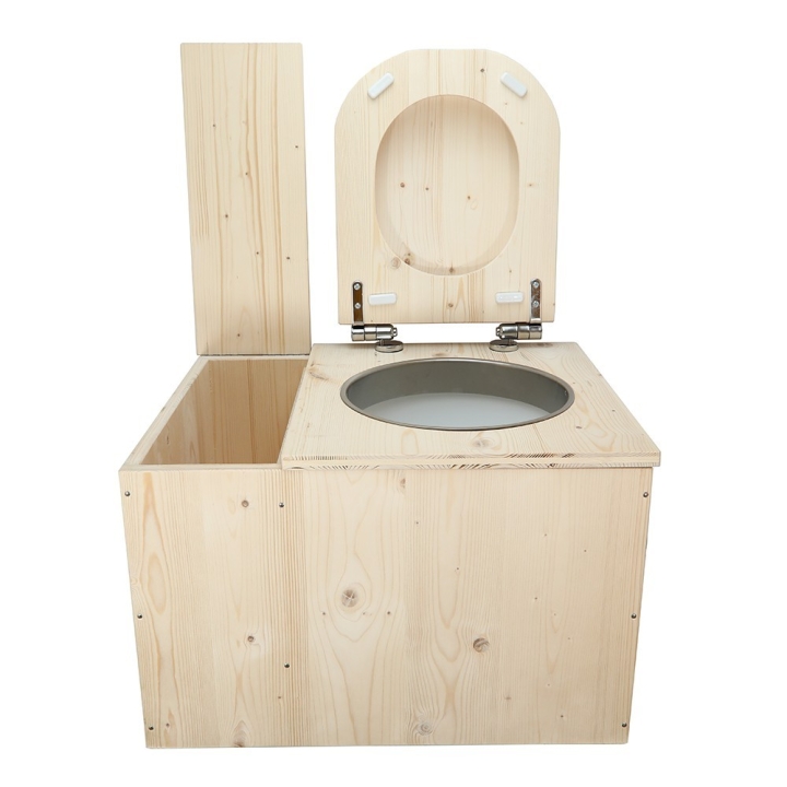  Toilette sèche avec bac à copeaux de bois intégré en bois brut avec bavette inox et seau plastique 22L