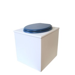 toilette sèche rehaussée en bois blanc complète avec seau inox 22 litres et bavette inox Ø30 cm - abattant bleu nuit