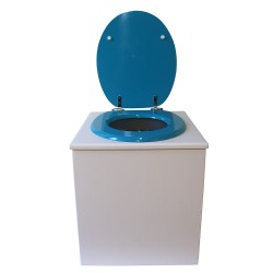 toilette sèche rehaussée en bois blanc complète avec seau inox 22 litres et bavette inox Ø30 cm - abattant bleu turquoise