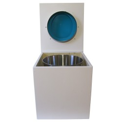 toilette sèche rehaussée en bois blanc complète avec seau inox 22 litres et bavette inox Ø30 cm - abattant bleu turquoise