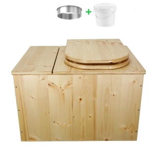 Toilette sèche avec bac à copeaux de bois huilé. Livré avec bavette inox et seau 20 litres