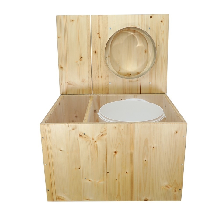 Toilette sèche avec bac à copeaux de bois huilé. Livré avec bavette inox et seau 20 litres