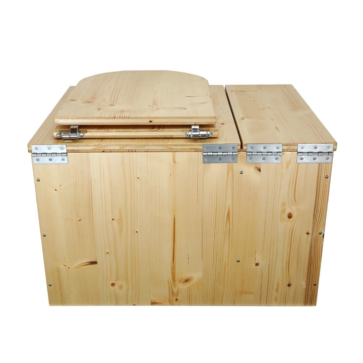  Toilette sèche avec bac à copeaux de bois huilé. Livré avec bavette inox et seau 20 litres