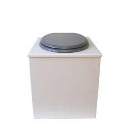toilette sèche rehaussée en bois blanc complète avec seau inox 22 litres et bavette inox Ø30 cm - abattant gris
