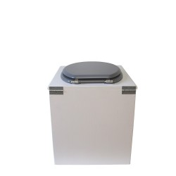 toilette sèche rehaussée en bois blanc complète avec seau inox 22 litres et bavette inox Ø30 cm - abattant gris