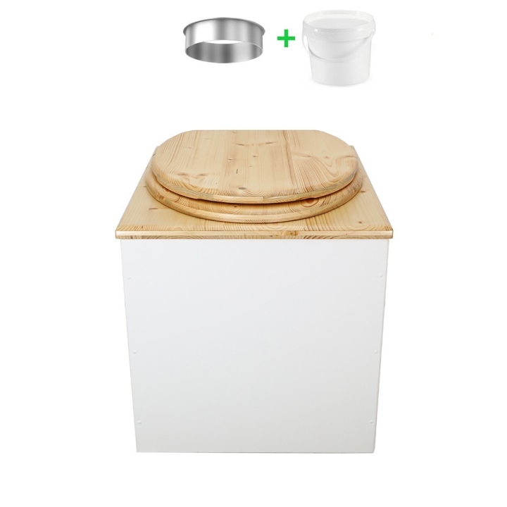 Toilette sèche en bois huilé/blanc complète avec seau 20L plastique et bavette inox