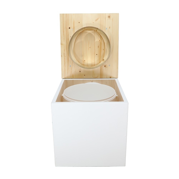  Toilette sèche en bois huilé/blanc complète avec seau 20L plastique et bavette inox