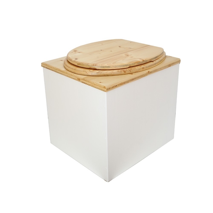  Toilette sèche en bois huilé/blanc complète avec seau 20L plastique et bavette inox