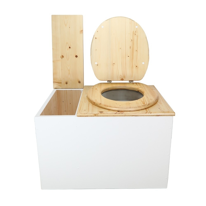  Toilette sèche avec bac intégré en bois huilé/blanc complète avec seau 20L plastique et bavette inox