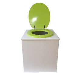 toilette sèche rehaussée en bois blanc complète avec seau inox 22 litres et bavette inox Ø30 cm - abattant vert