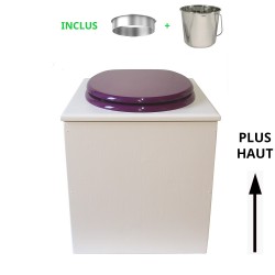 toilette sèche rehaussée en bois blanc complète avec seau inox 22 litres et bavette inox Ø30 cm - abattant violet
