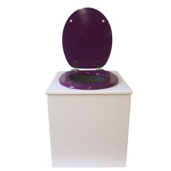 toilette sèche rehaussée en bois blanc complète avec seau inox 22 litres et bavette inox Ø30 cm - abattant violet