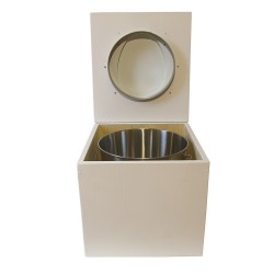 toilette sèche bois blanc complète avec seau inox 22 litres et bavette inox Ø30 cm - abattant blanc