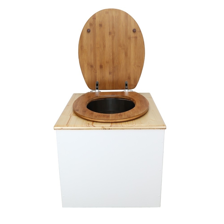  Toilette sèche en bois blanc huilé complète avec seau inox 22 litres et bavette inox Ø30 cm - abattant bambou