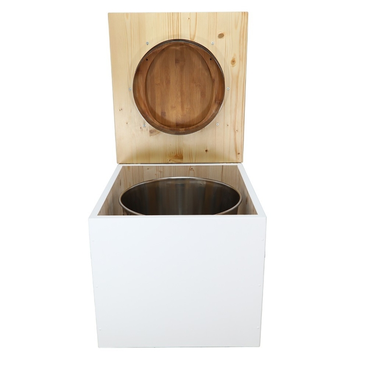  Toilette sèche en bois blanc huilé complète avec seau inox 22 litres et bavette inox Ø30 cm - abattant bambou