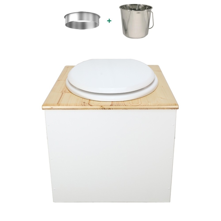 Toilette sèche en bois blanc huilé complète avec seau inox 22 litres et bavette inox Ø30 cm - abattant blanc