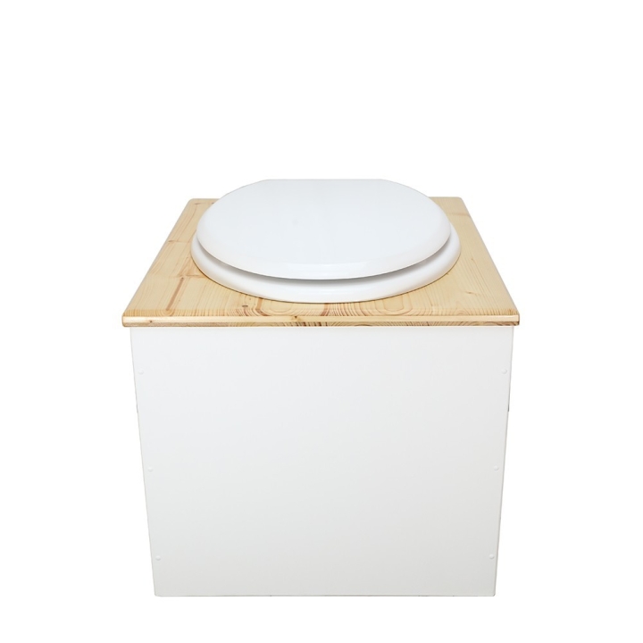  Toilette sèche en bois blanc huilé complète avec seau inox 22 litres et bavette inox Ø30 cm - abattant blanc