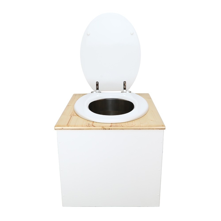  Toilette sèche en bois blanc huilé complète avec seau inox 22 litres et bavette inox Ø30 cm - abattant blanc