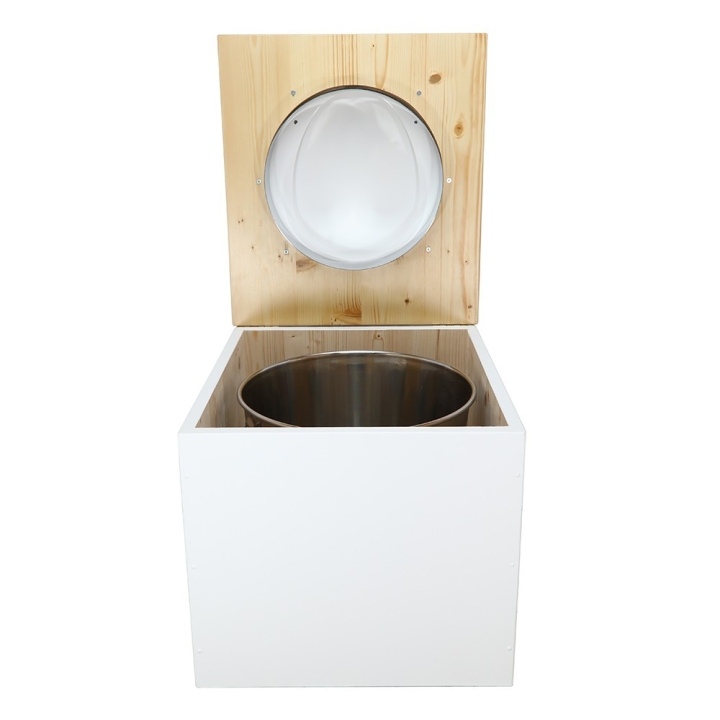  Toilette sèche en bois blanc huilé complète avec seau inox 22 litres et bavette inox Ø30 cm - abattant blanc
