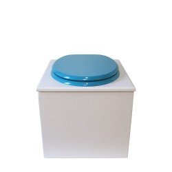 toilette sèche bois blanc complète avec seau inox 22 litres et bavette inox Ø30 cm - abattant bleu turquoise
