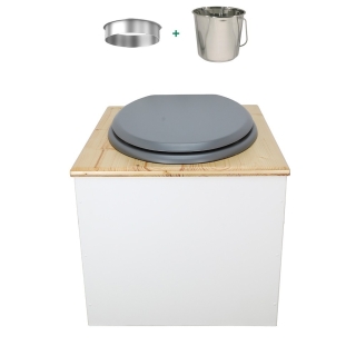 Toilette sèche en bois blanc huilé complète avec seau inox 22 litres et bavette inox Ø30 cm - abattant gris