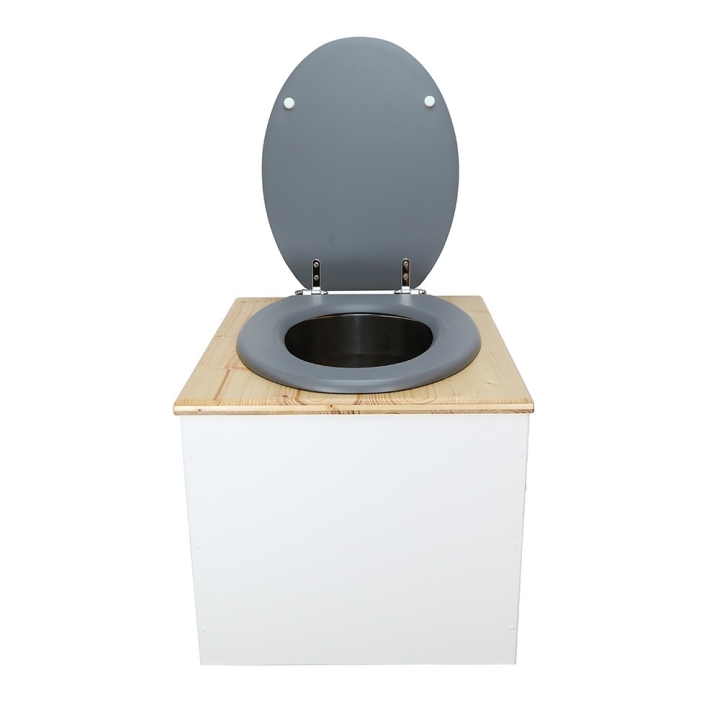  Toilette sèche en bois blanc huilé complète avec seau inox 22 litres et bavette inox Ø30 cm - abattant gris