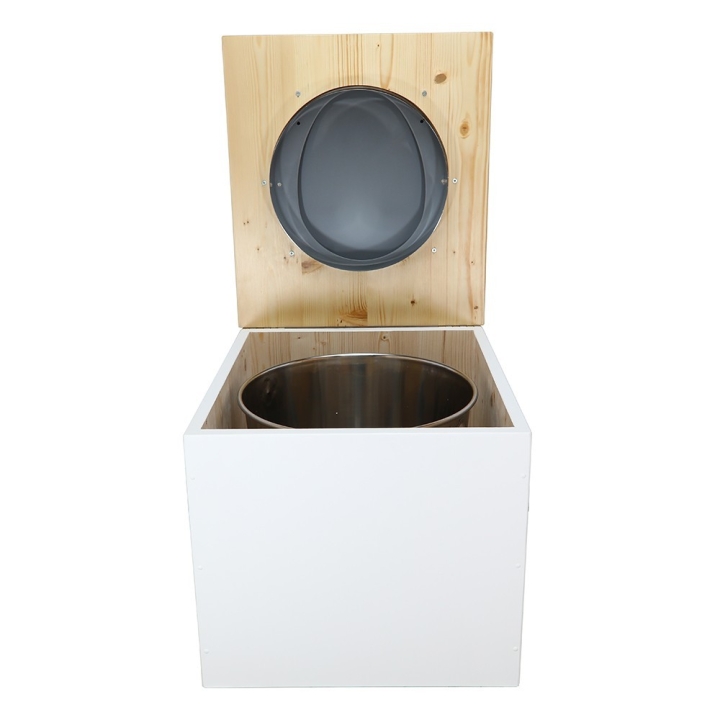  Toilette sèche en bois blanc huilé complète avec seau inox 22 litres et bavette inox Ø30 cm - abattant gris