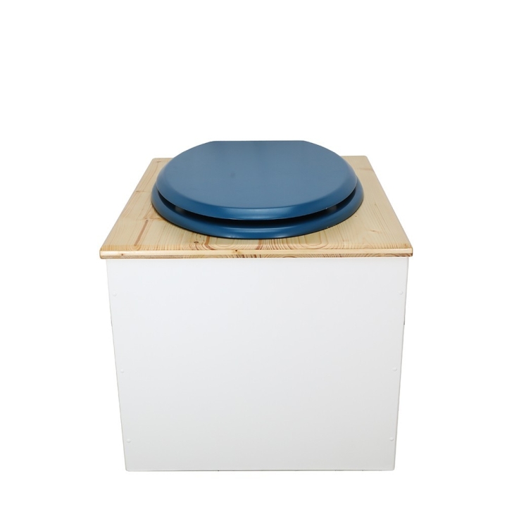  Toilette sèche en bois blanc huilé complète avec seau inox 22 litres et bavette inox Ø30 cm - abattant bleu