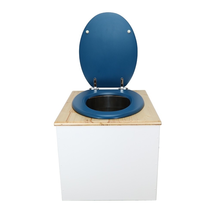  Toilette sèche en bois blanc huilé complète avec seau inox 22 litres et bavette inox Ø30 cm - abattant bleu