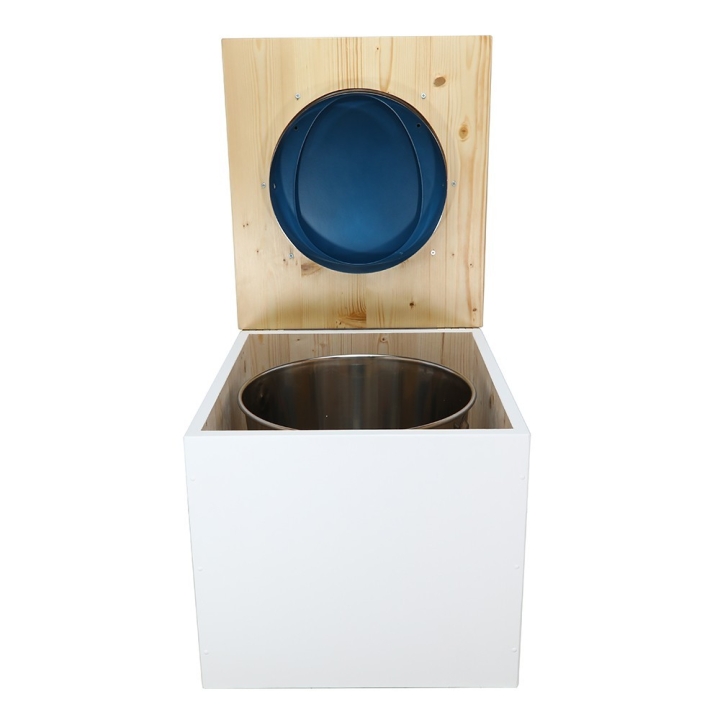  Toilette sèche en bois blanc huilé complète avec seau inox 22 litres et bavette inox Ø30 cm - abattant bleu