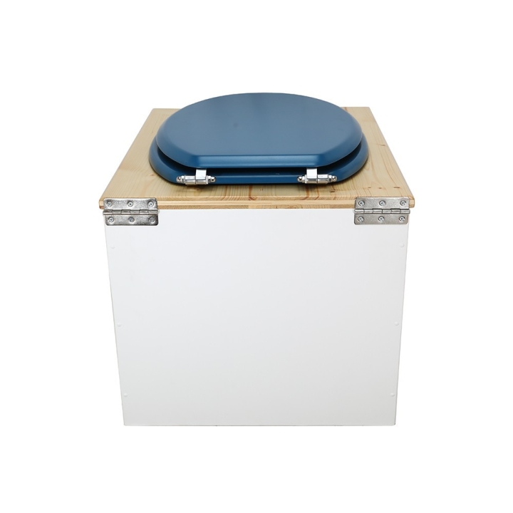  Toilette sèche en bois blanc huilé complète avec seau inox 22 litres et bavette inox Ø30 cm - abattant bleu