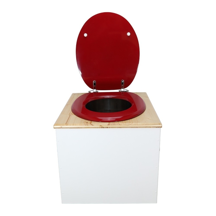  Toilette sèche en bois blanc huilé complète avec seau inox 22 litres et bavette inox Ø30 cm - abattant rouge