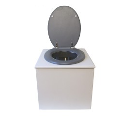 toilette sèche bois blanc complète avec seau inox 22 litres et bavette inox Ø30 cm - abattant gris