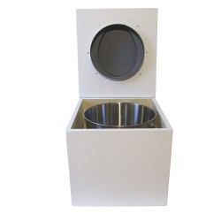 toilette sèche bois blanc complète avec seau inox 22 litres et bavette inox Ø30 cm - abattant gris
