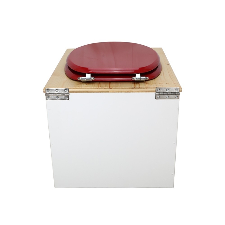  Toilette sèche en bois blanc huilé complète avec seau inox 22 litres et bavette inox Ø30 cm - abattant rouge