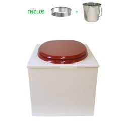 toilette sèche bois blanc complète avec seau inox 22 litres et bavette inox Ø30 cm - abattant rouge