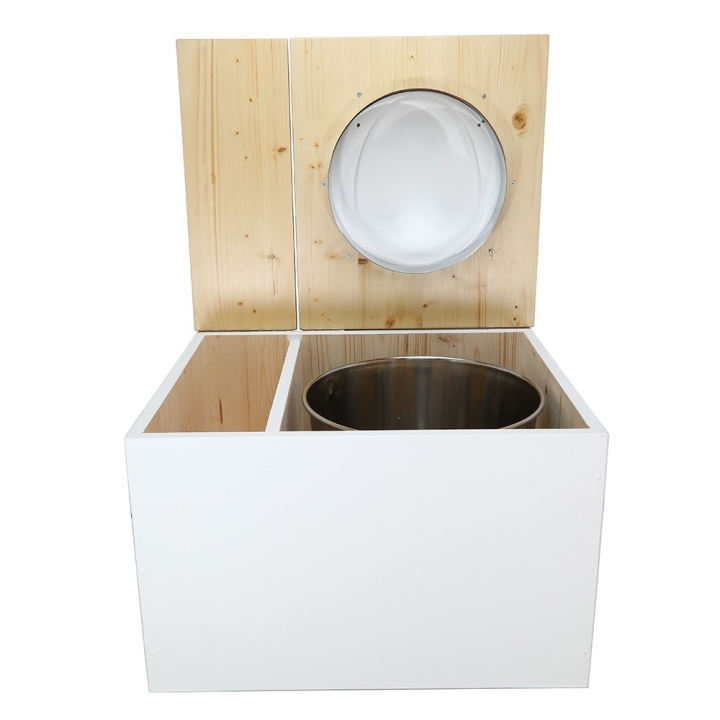  abattant blanc. Livré avec bavette inox et seau inox 22 litres